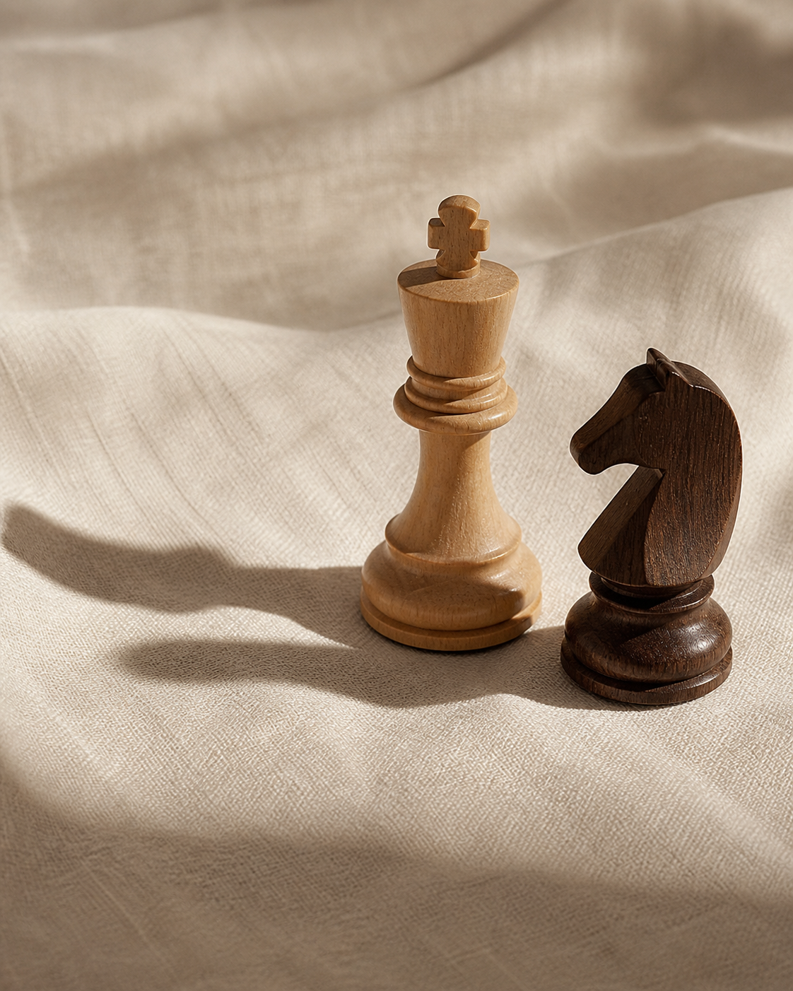 Schachfiguren auf warmem Leinen — Symbol für strategisches Denken