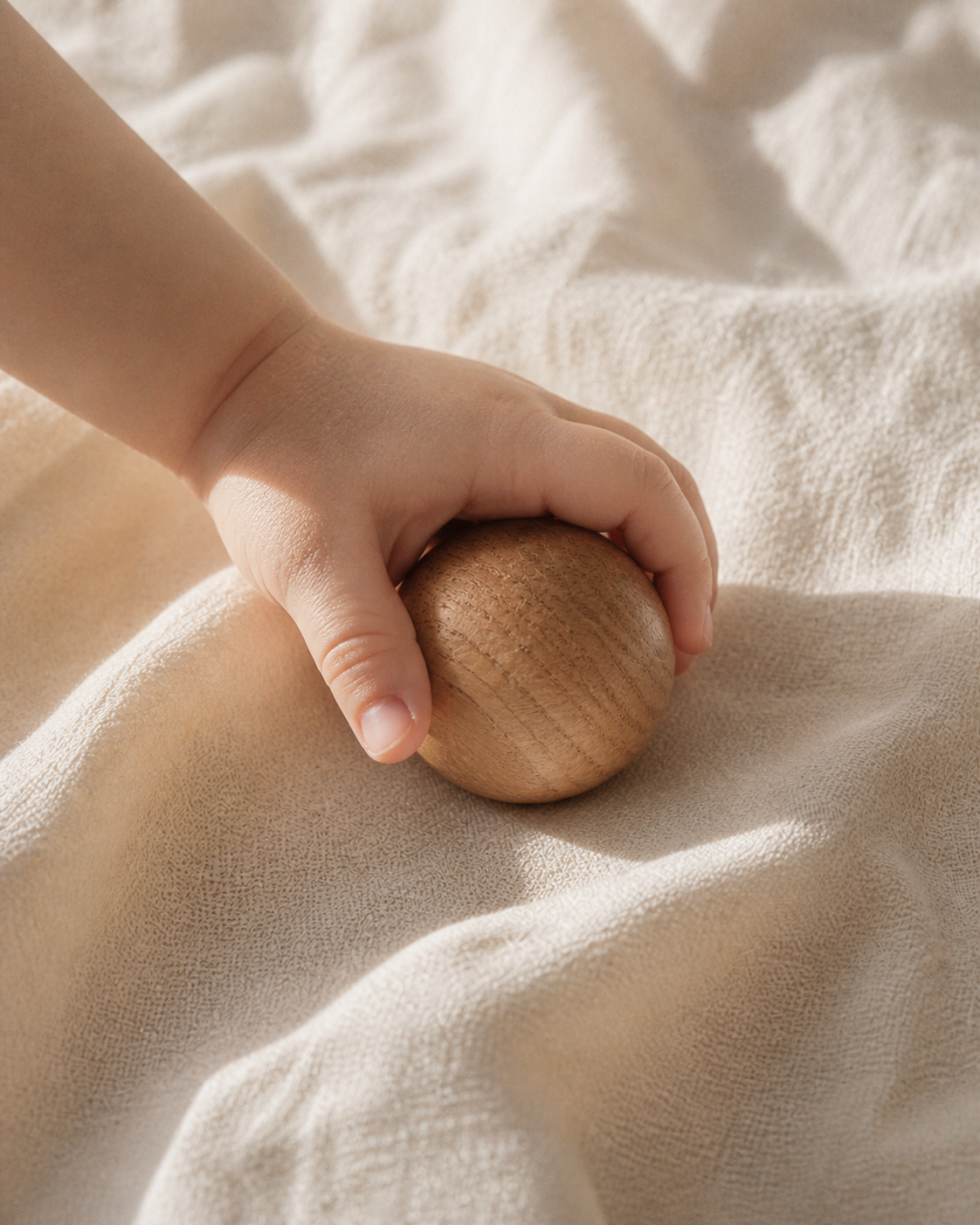 Kinderhand mit kleiner Holzkugel auf warmem Leinen